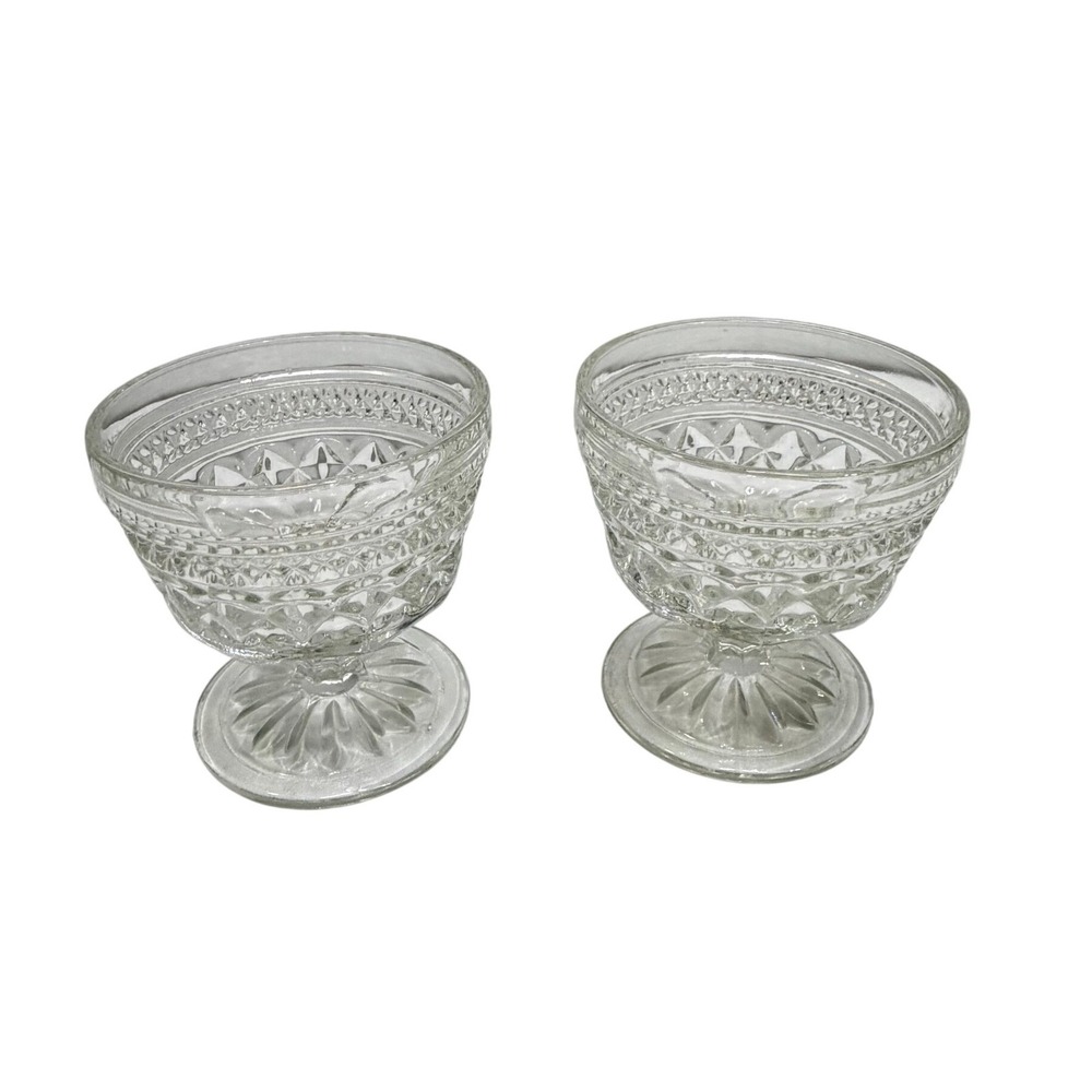 VTG 2 Anchor Hocking Clear Pressed Glass Footed Dessert Sherbet Bowls Diamond‎